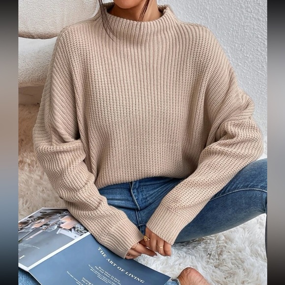 Cozy Oversized Mock Neck Long Sleeve Ribbed Knit Sweater Top - Picture 4 of 8